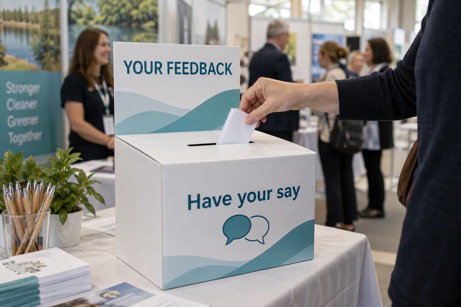 Visitor placing a folded feedback card into a printed cardboard ballot box at a community expo.