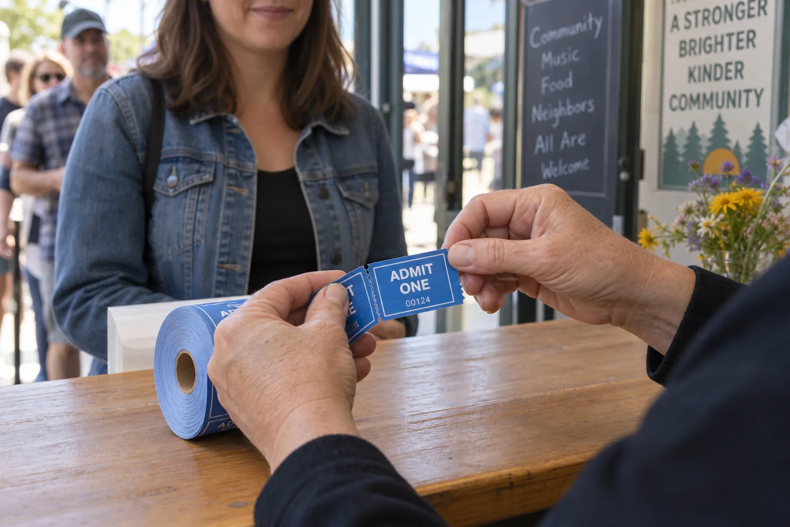 Venue attendant issuing a blue printed admission ticket from a perforated paper roll.