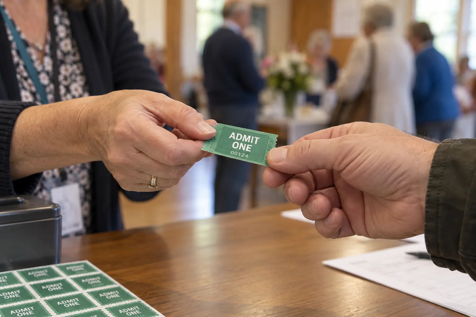 Green paper admission ticket handed to a guest beside a perforated ticket-sheet pad.