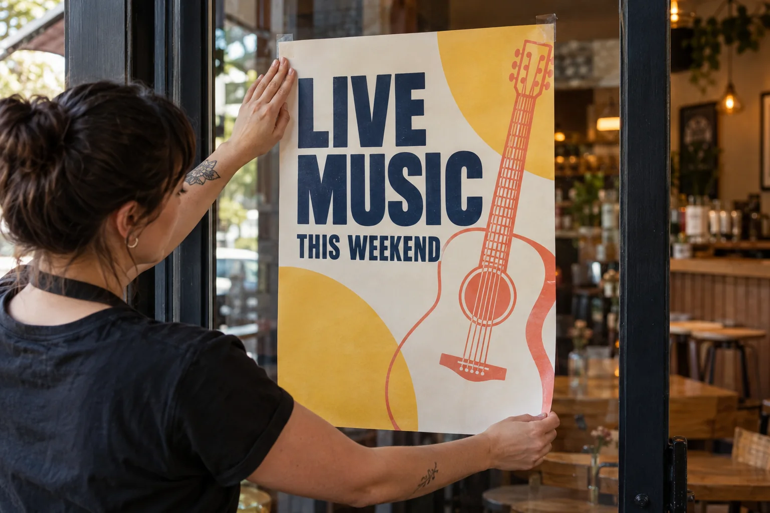 Staff member placing a colourful printed live music poster on a venue window
