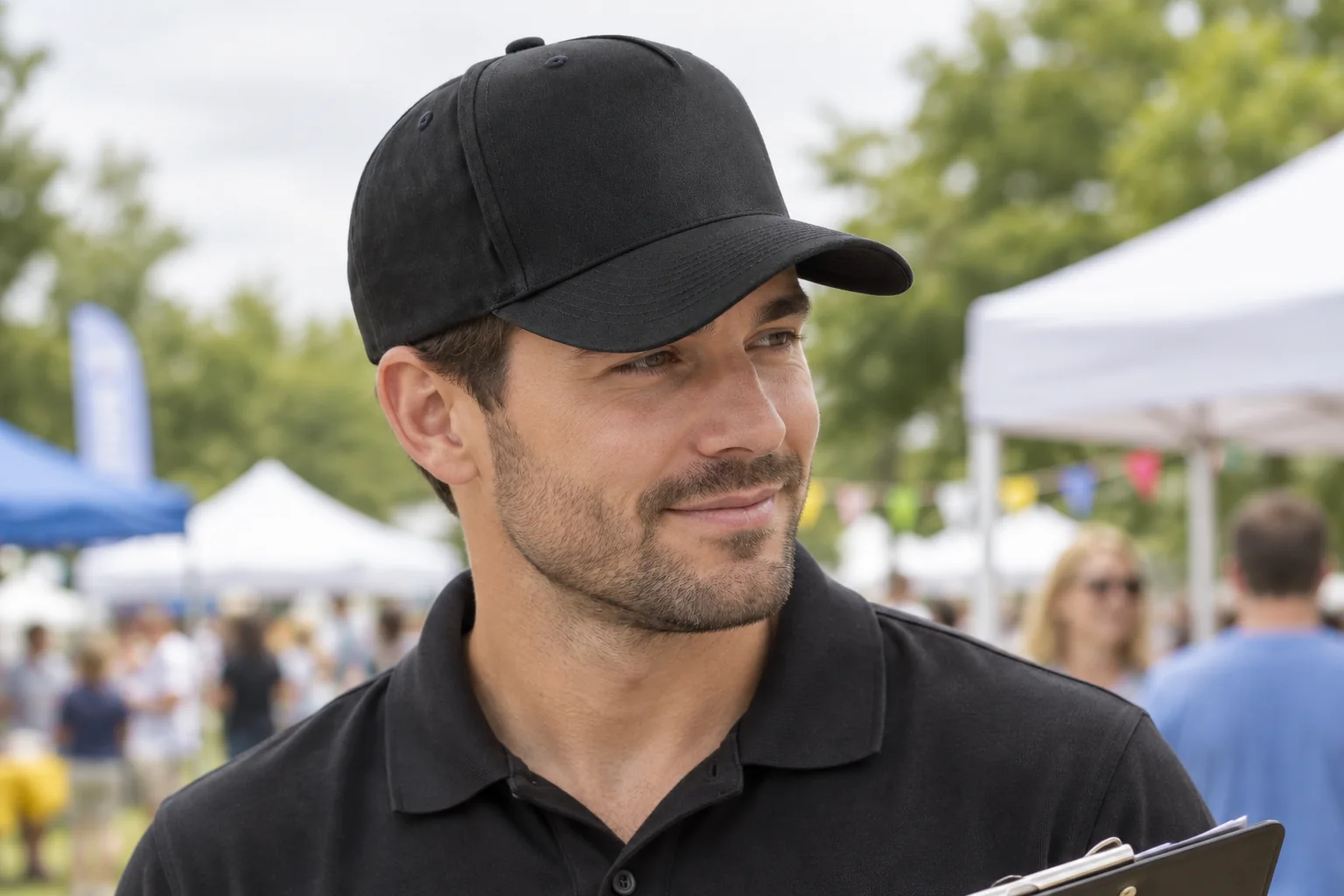 Event staff member wearing a plain black structured cotton cap with a curved peak