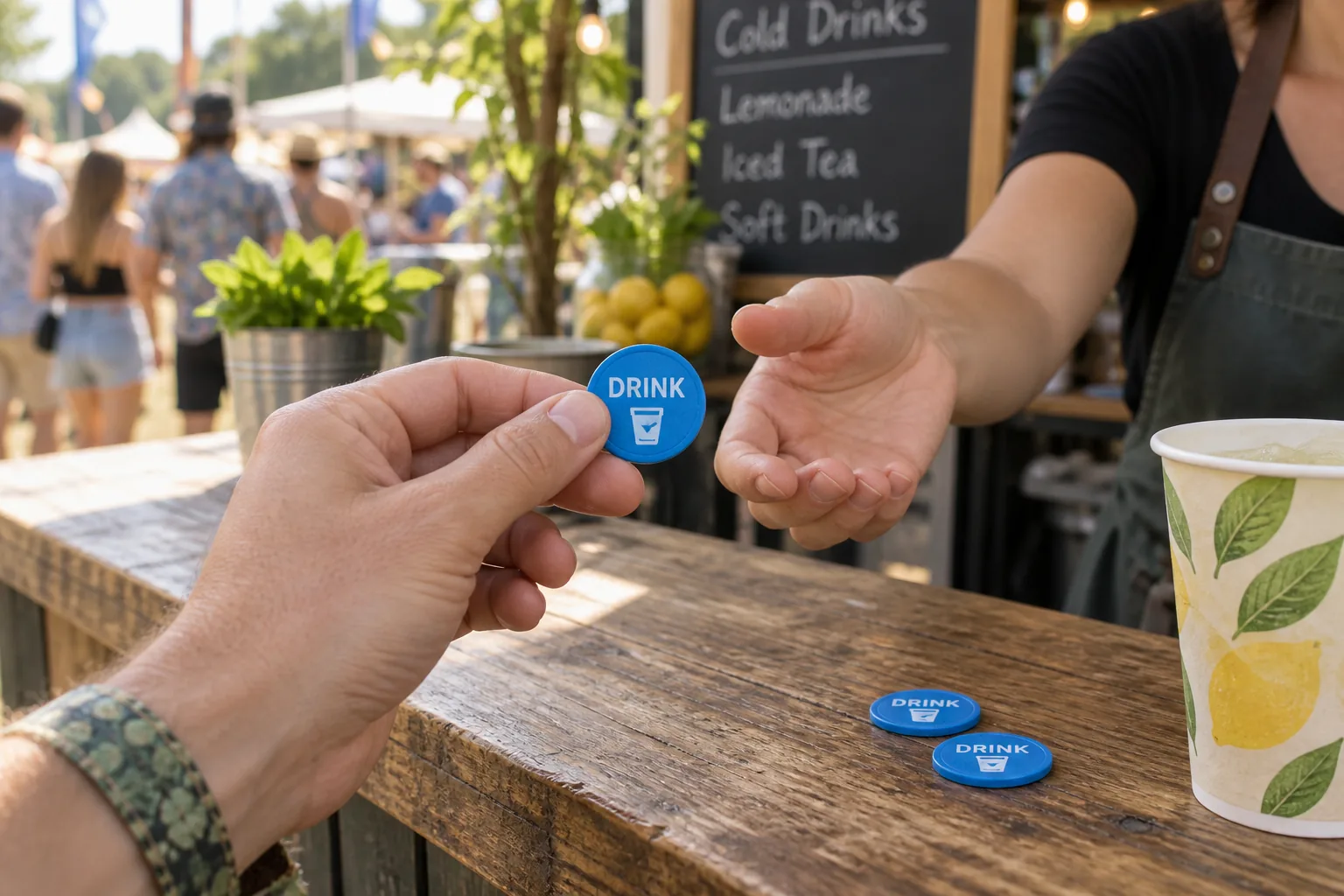 Blue printed drink token presented at a festival refreshment counter.