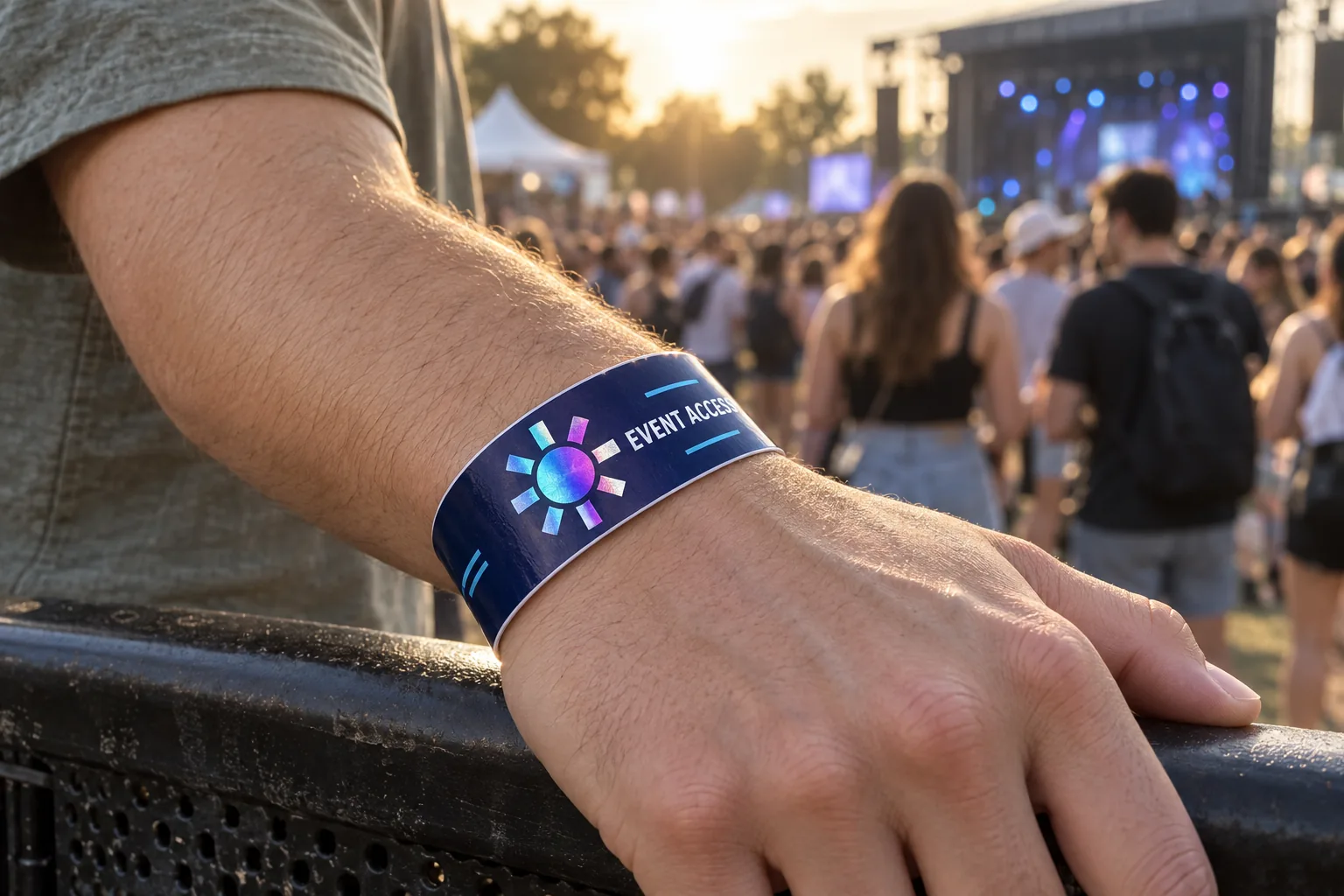 Guest wearing an Ultra HD wristband whose coloured metallic sun design catches the festival light.