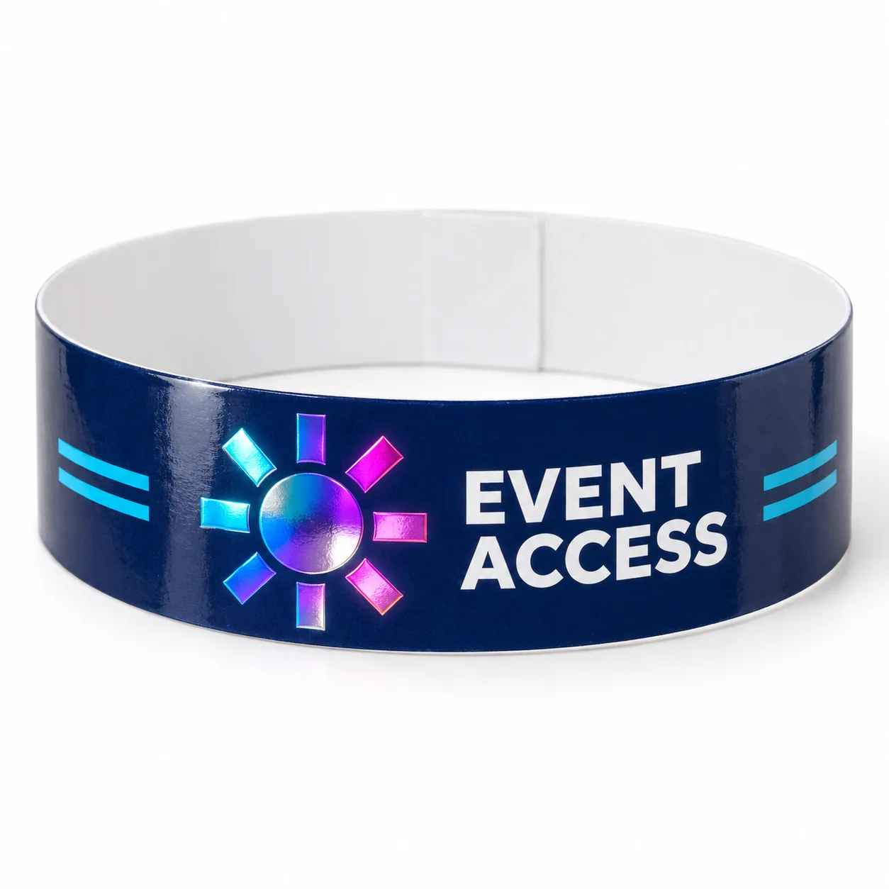 Glossy Ultra HD wristband with a cyan and magenta metallic sun design beside opaque white EVENT ACCESS text.