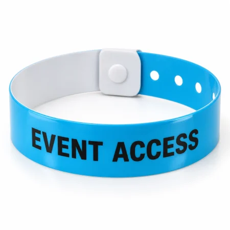 Cyan custom straight vinyl wristband with black EVENT ACCESS print and a white snap fastening.