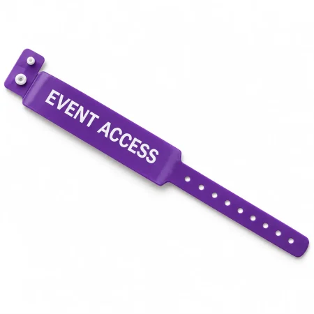 Purple custom wide-face vinyl wristband with white EVENT ACCESS print, adjustment holes and snap closure.