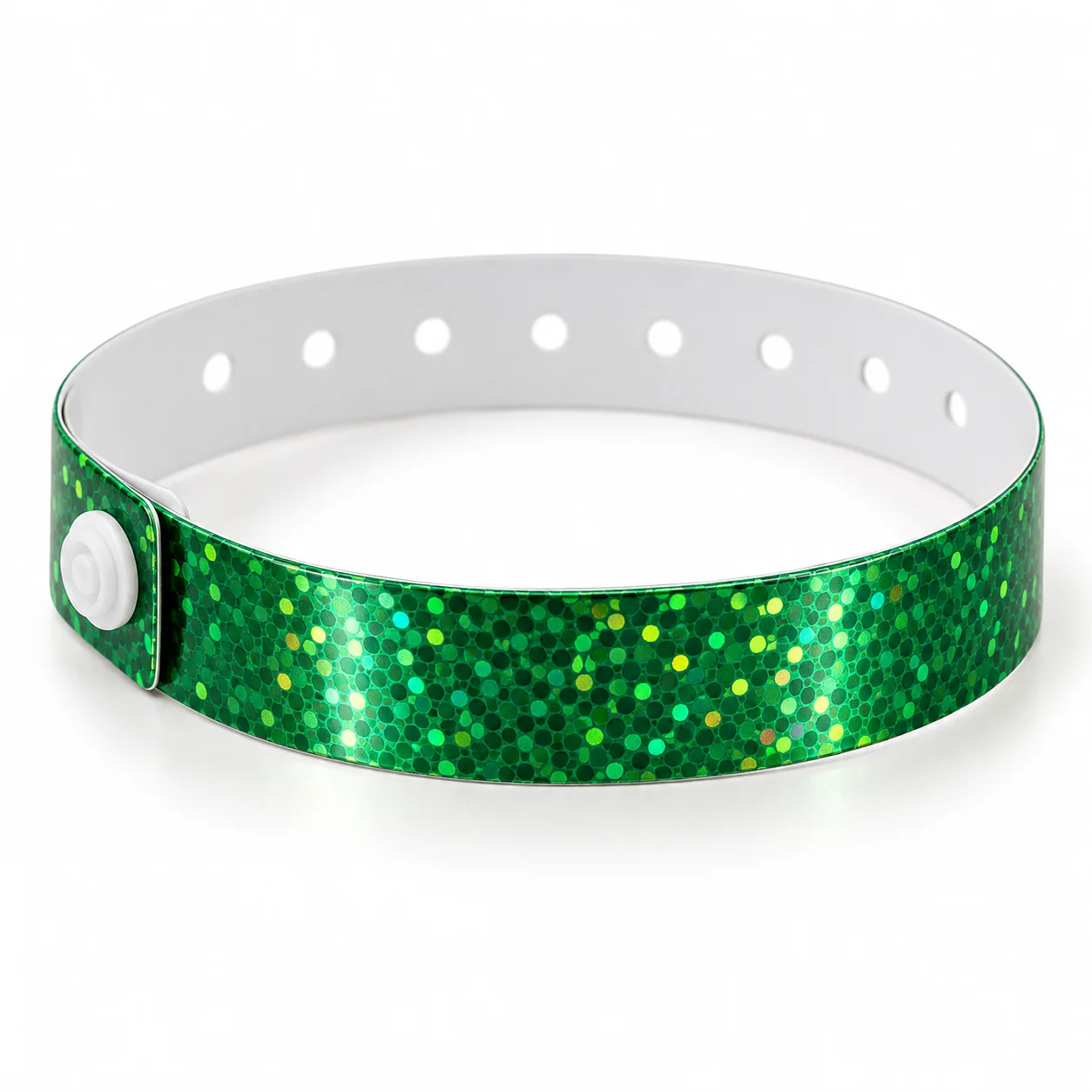 Green holographic wristband with a fine patterned foil surface, white reverse and snap fastening.
