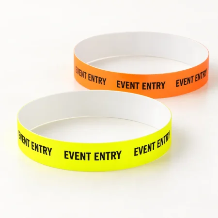Yellow and orange 19mm litter-free Polybands with example event entry printing