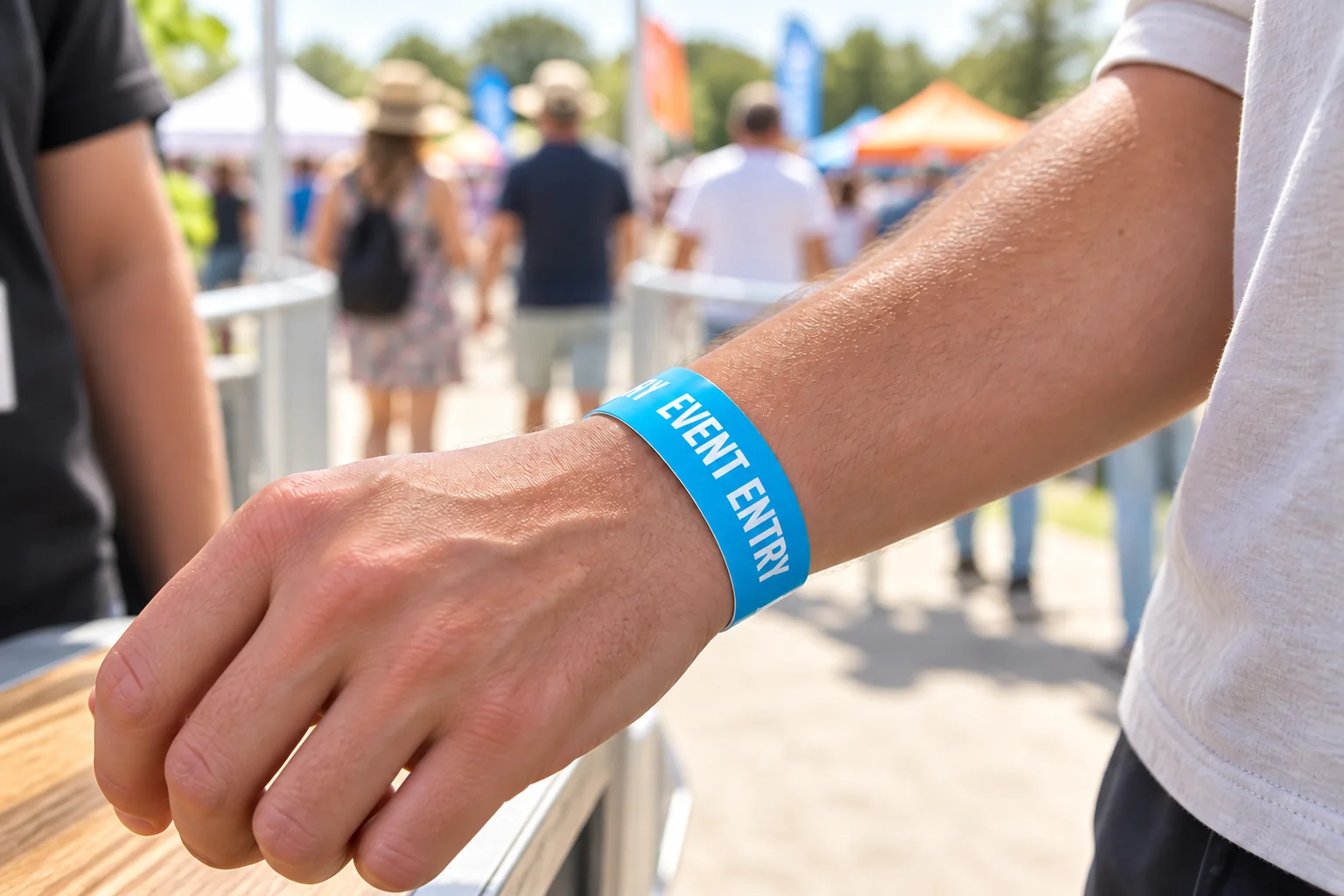 Adult attendee wearing a cyan 25mm litter-free Polyband with event entry printing at a festival entrance