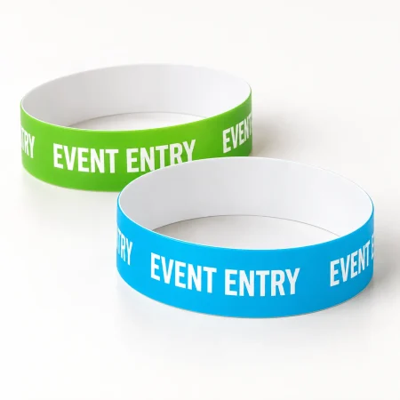 Cyan and green 25mm litter-free Polybands with example event entry printing