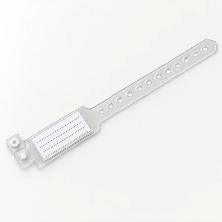 Clear adult vinyl medical identification wristband with card pocket, adjustment holes and open snap fastening