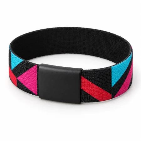 Black elastic RFID wristband with cyan, magenta and red geometric print and a compact black RFID sleeve.