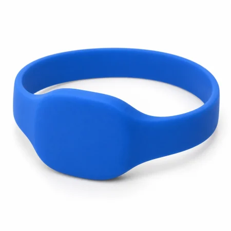 Blue closed-loop silicone RFID wristband with a broad integrated face.
