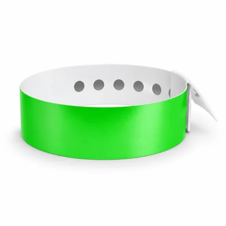 Green straight vinyl wristband with white lining, adjustment holes and white snap fastening on a white background.