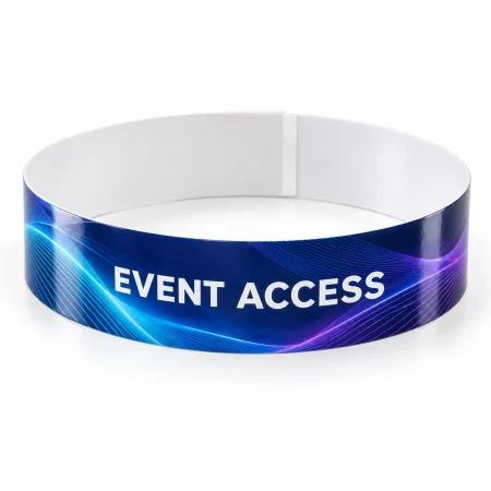 Glossy navy, cyan and violet Ultra HD wristband with EVENT ACCESS print and a white inner surface.