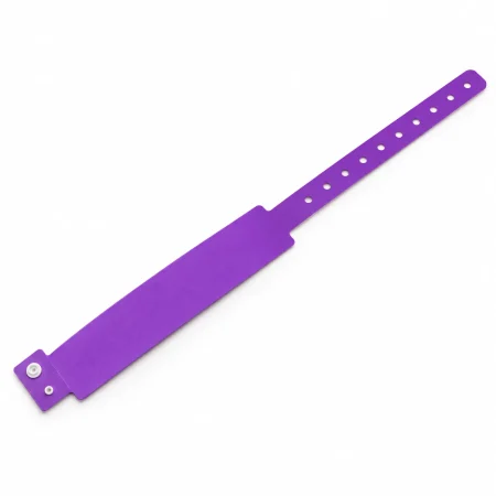 Plain purple wide-face vinyl wristband showing its broad panel, narrower perforated tail and open snap fastening.