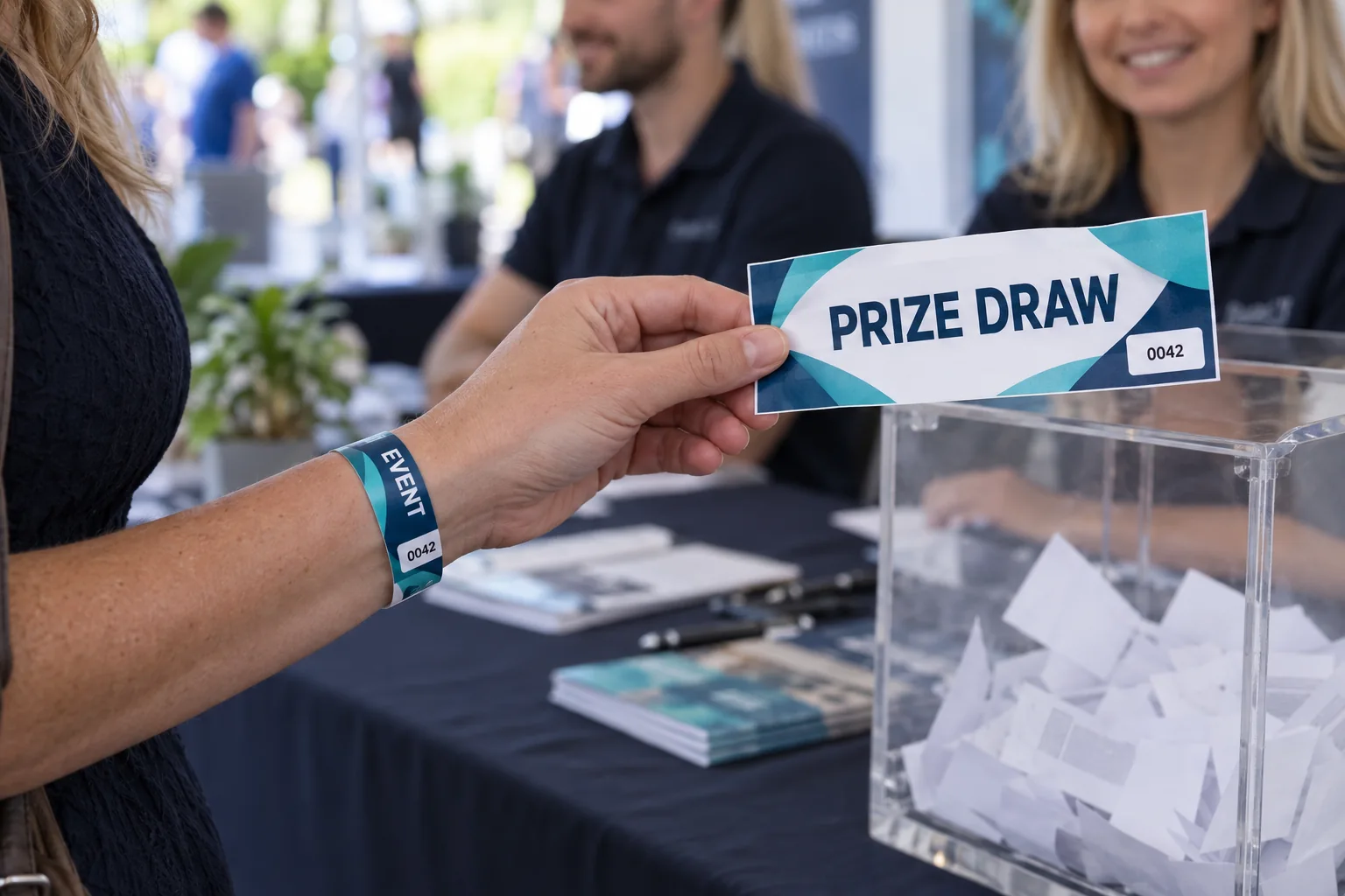 Guest wearing a printed Wristix wristband and holding its matching numbered prize draw ticket.