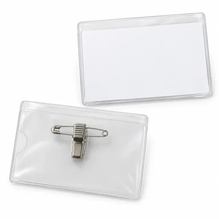 Clear horizontal name badge holders showing the insert pocket and rear crocodile clip with safety pin.