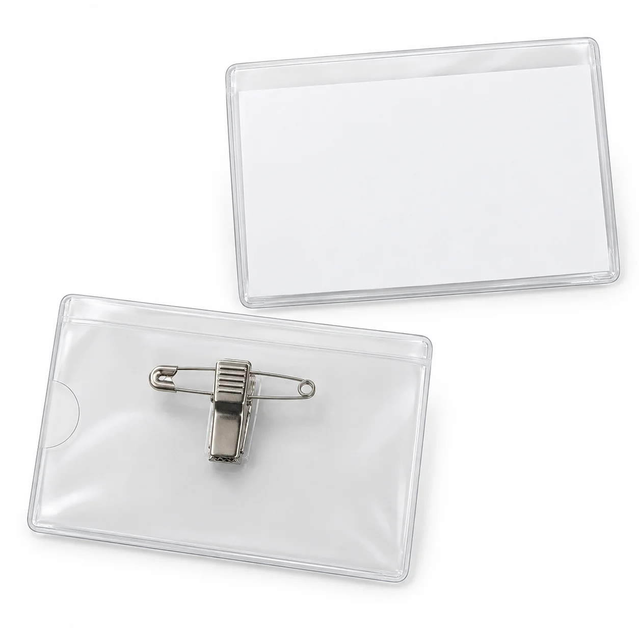Clear horizontal name badge holders showing the insert pocket and rear crocodile clip with safety pin.
