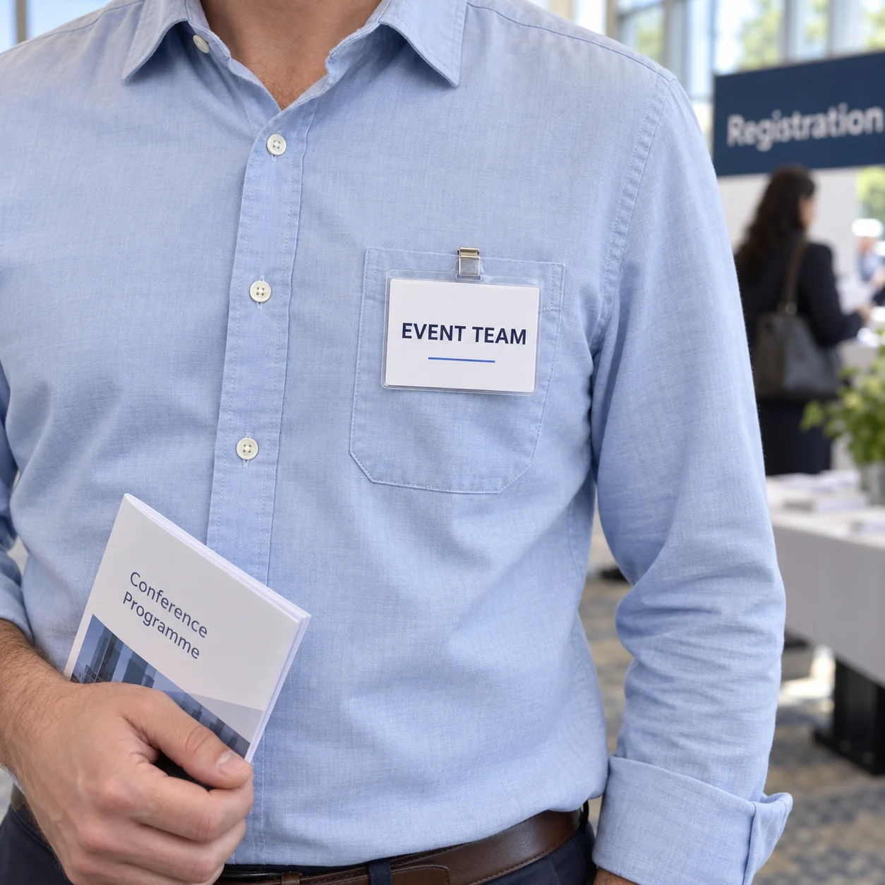 Conference attendee wearing a horizontal clear name badge clipped directly to a shirt pocket.