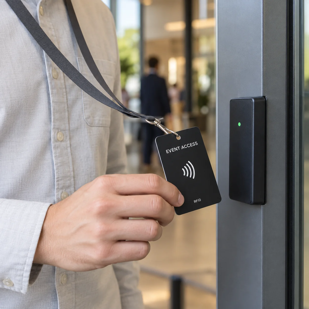 Person presenting a black RFID ID card to a contactless reader at a venue entrance.