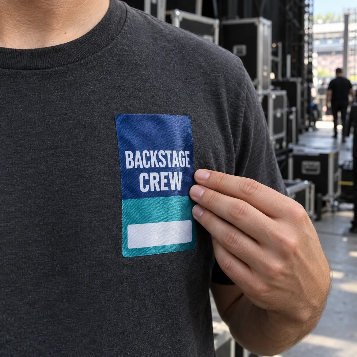 Crew member wearing a printed satin fabric sticker pass directly on a shirt backstage.